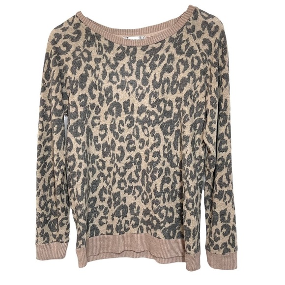 MOONDANCE Tan and Grey Leopard Print Crewneck Lightweight Sweater Size Small - Picture 1 of 8